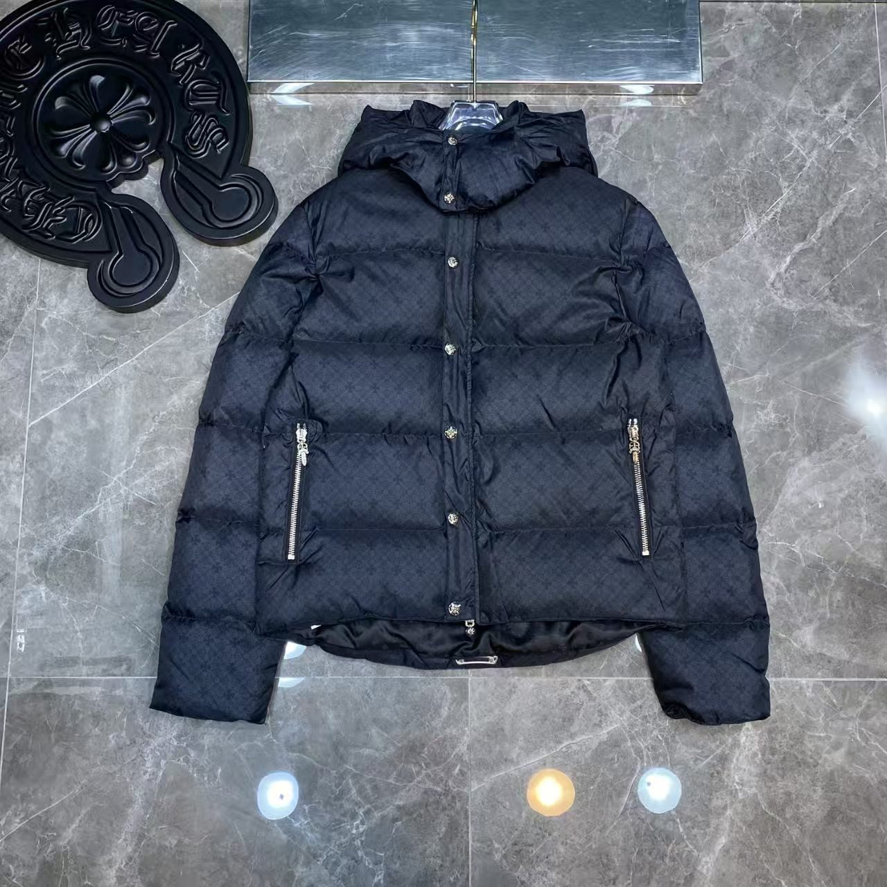authentic chrome hearts down jackets black - premium designer jewelry front view