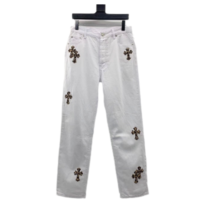 authentic chrome heart white leopard cross jeans - premium designer jewelry front view