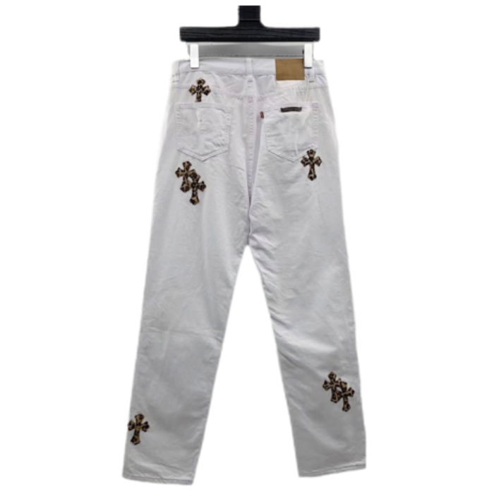 authentic chrome heart white leopard cross jeans - premium designer jewelry front view