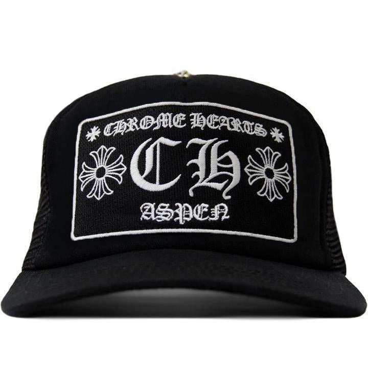 authentic chrome hearts aspen exclusive trucker hat – black - premium designer jewelry front view