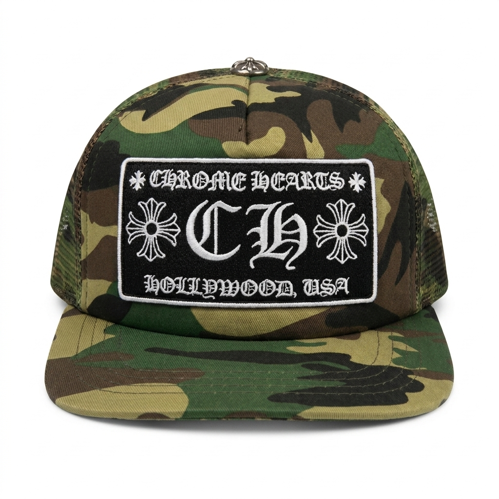authentic chrome hearts ch hollywood trucker hat – camo - premium designer jewelry front view