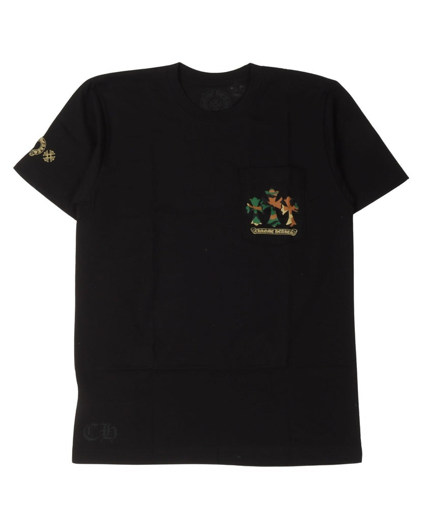 authentic chrome hearts camouflage cemetery cross pocket tee - premium designer jewelry front view