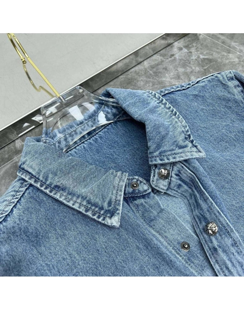 authentic chrome hearts casual denim t shirt - premium designer jewelry front view