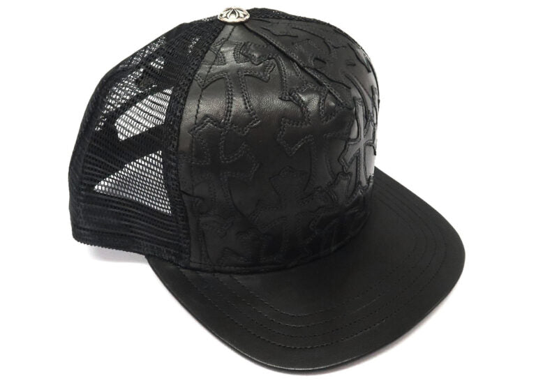 authentic chrome hearts cemetary cross leather stitched trucker hat – black - premium designer jewelry front view
