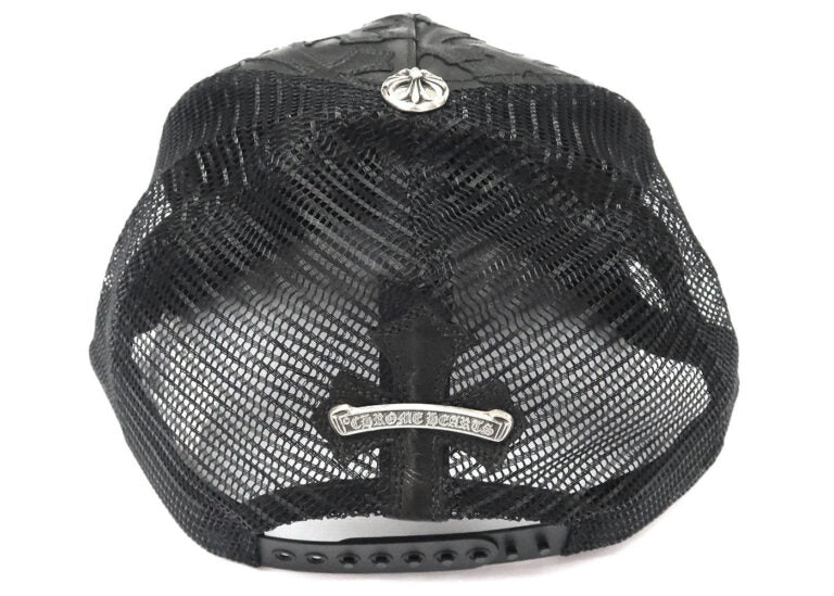 authentic chrome hearts cemetary cross leather stitched trucker hat – black - premium designer jewelry front view