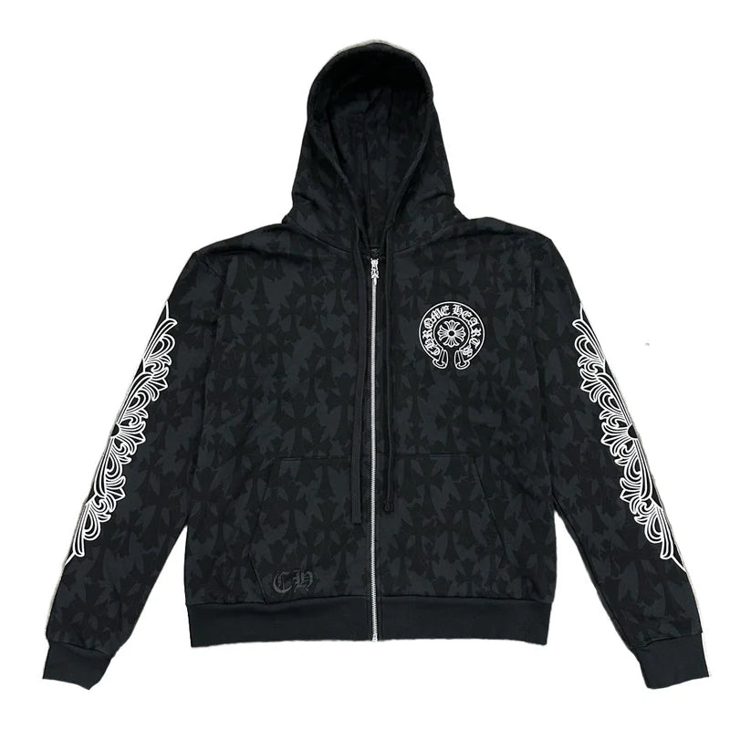 Chrome Hearts Cemetery Cross All Over Print Logo Zip Up Hoodie - Chrome Hearts
