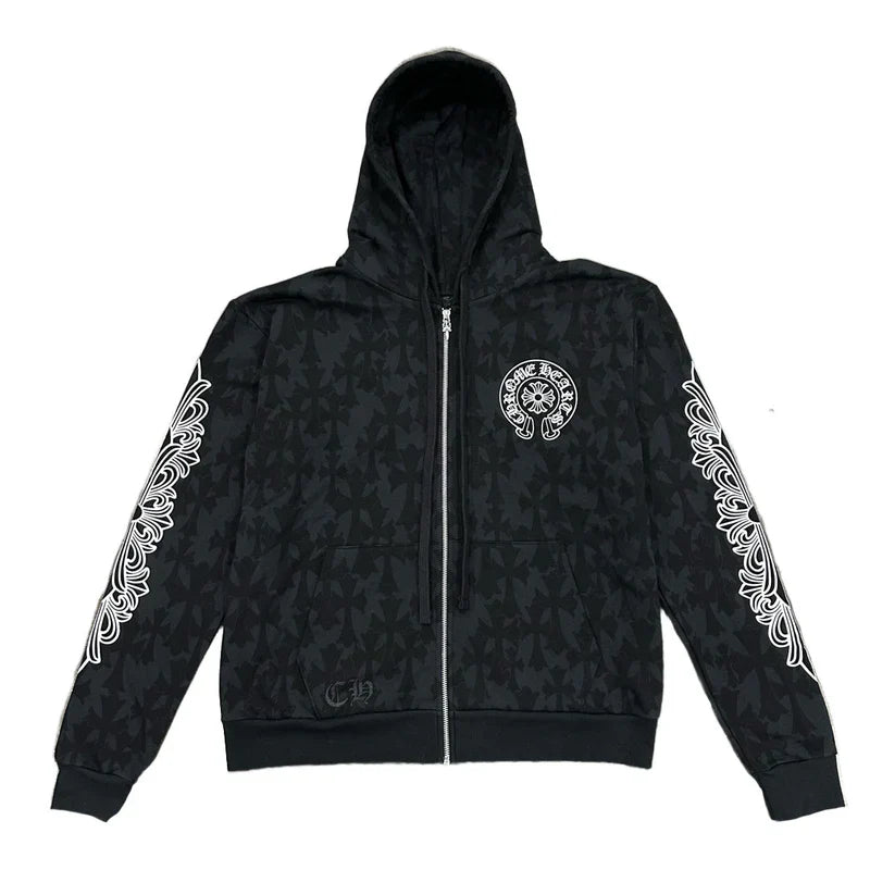 Chrome Hearts Cemetery Cross All Over Print Logo Zip Up Hoodie - Chrome Hearts