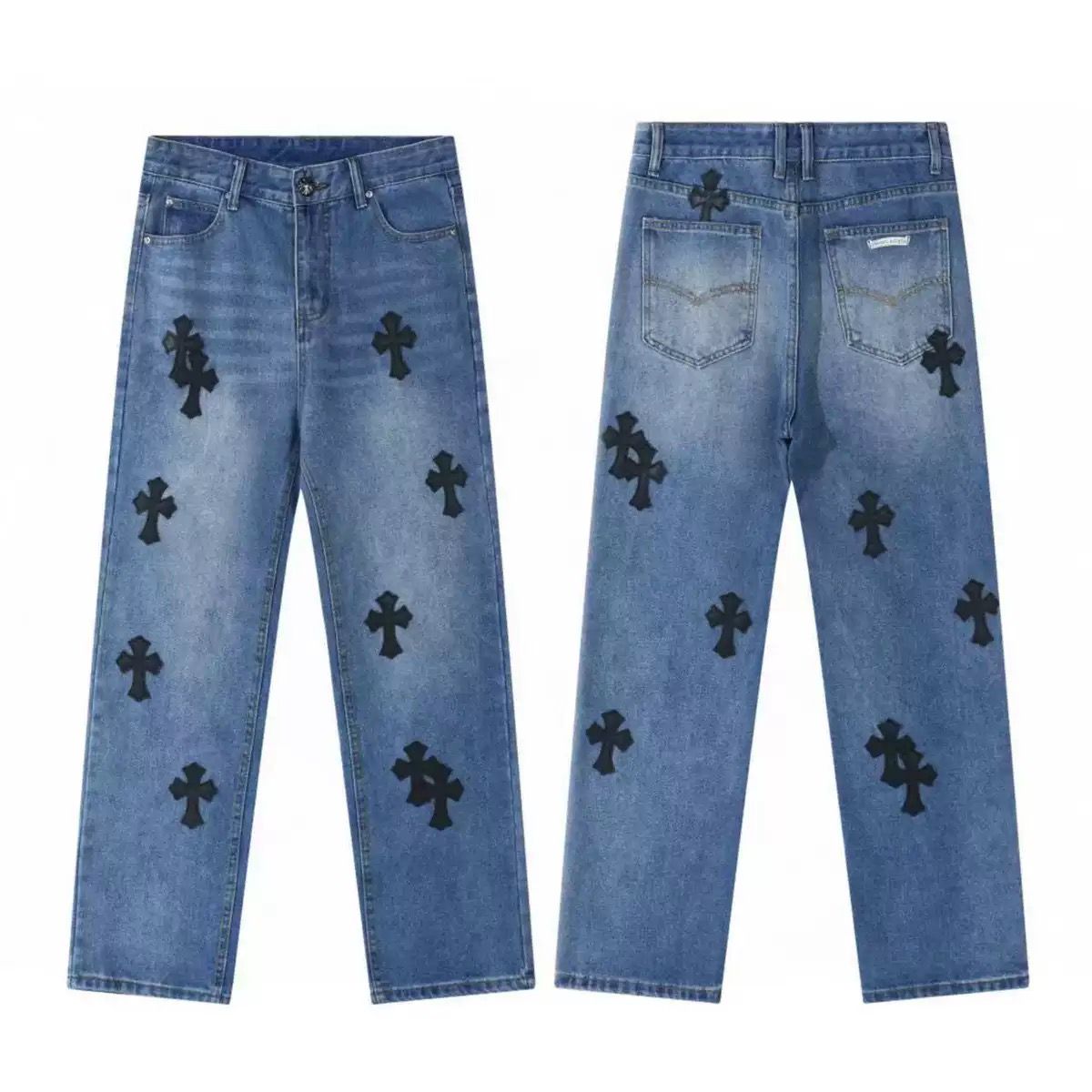 authentic ch cross leather patches jeans - premium designer jewelry front view