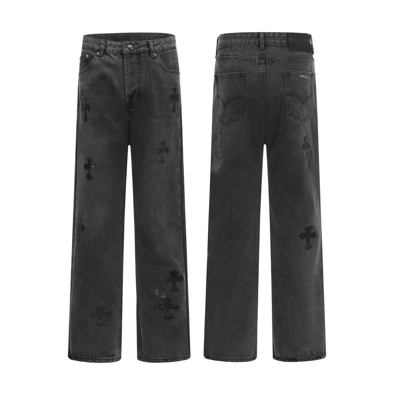 authentic chrome hearts denim black washed jeans - premium designer jewelry front view