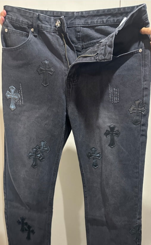authentic chrome hearts denim black washed jeans - premium designer jewelry front view