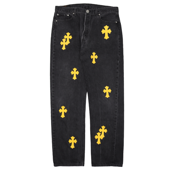 authentic chrome hearts distressed yellow jeans - premium designer jewelry front view