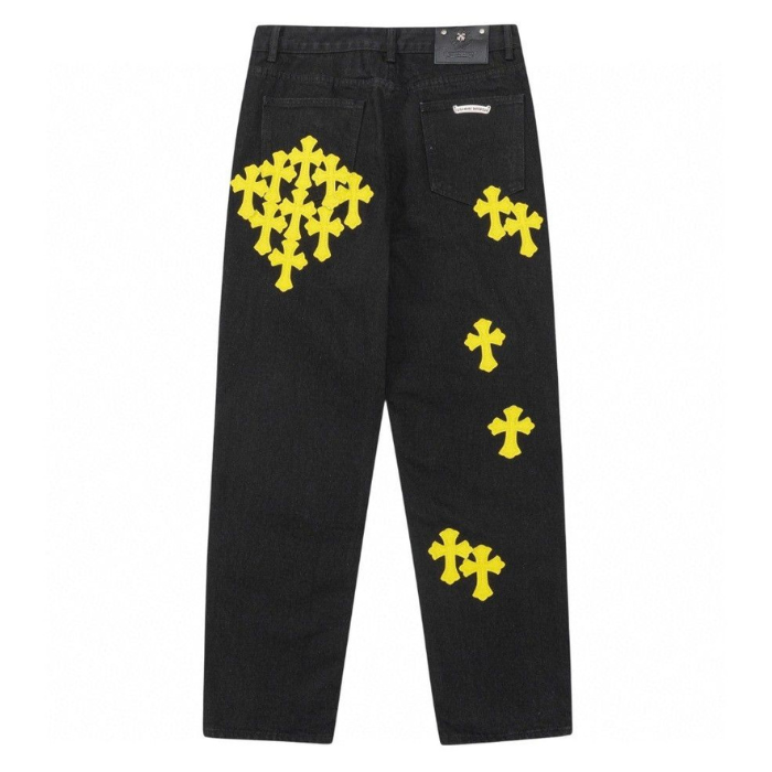 authentic chrome hearts distressed yellow jeans - premium designer jewelry front view