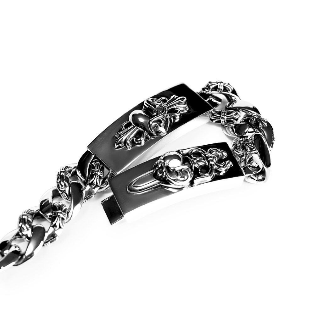 authentic chrome hearts double id fancy link bracelet - premium designer jewelry front view