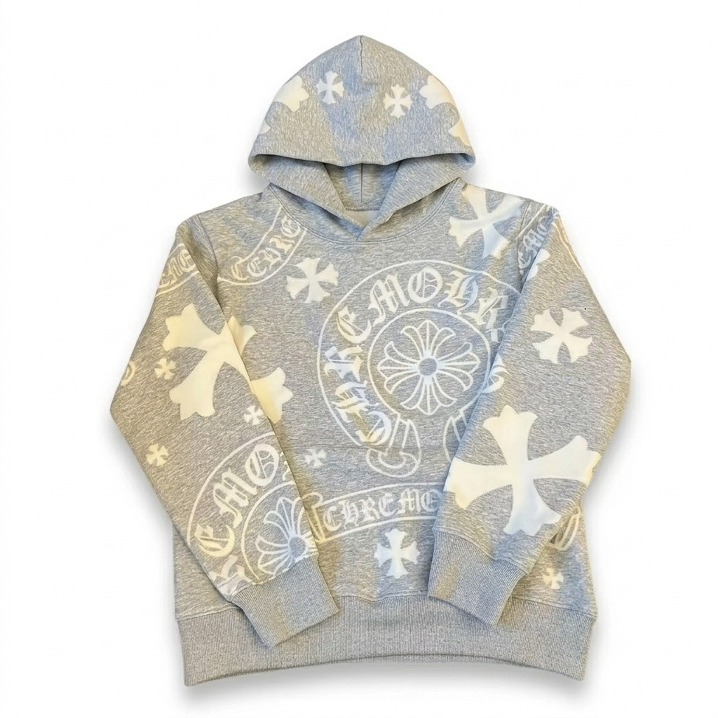 authentic chrome hearts embroidery gray hoodie - premium designer jewelry front view