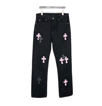 authentic chrome hearts fleur knee leather cross patch pants - premium designer jewelry front view