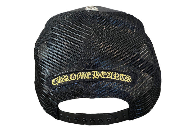 authentic chrome hearts hollywood corduroy trucker hat – black-gold - premium designer jewelry front view