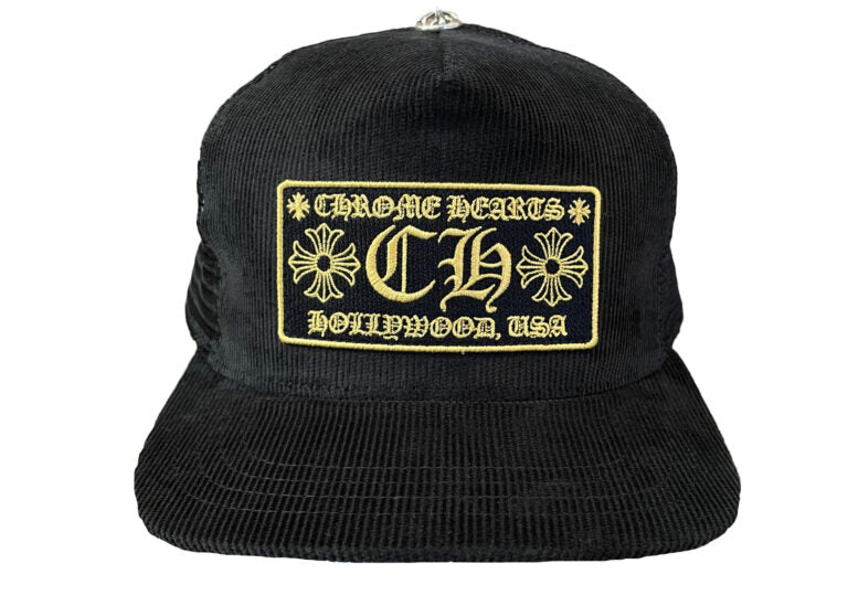 authentic chrome hearts hollywood corduroy trucker hat – black-gold - premium designer jewelry front view
