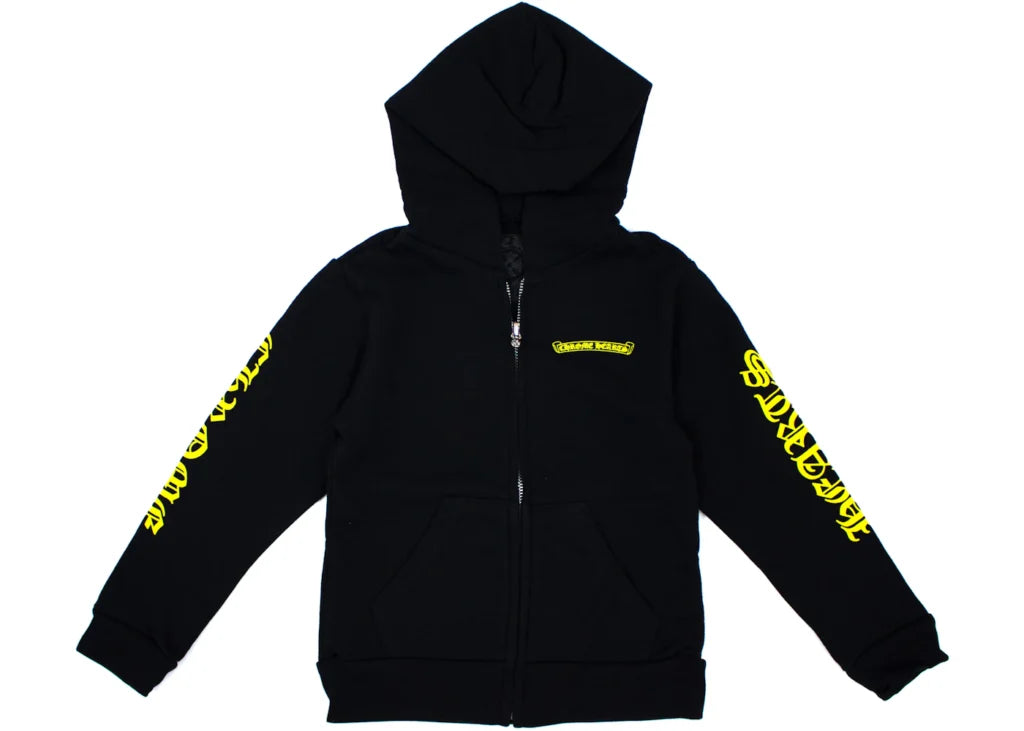 authentic chrome hearts kids scroll logo zip up hoodie - premium designer jewelry front view