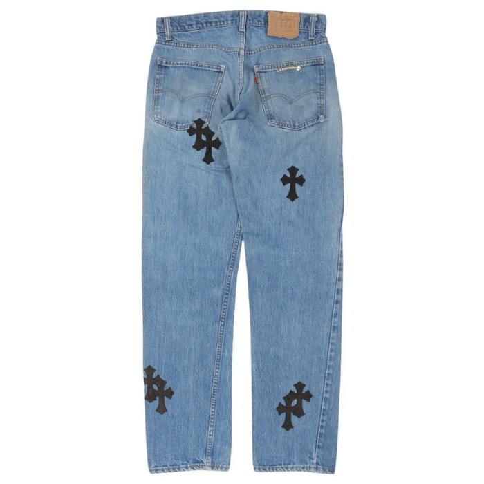 authentic chrome hearts levi’s cross patch jeans blue - premium designer jewelry front view