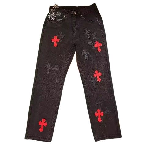 authentic chrome hearts levi’s red cross patch jeans black - premium designer jewelry front view