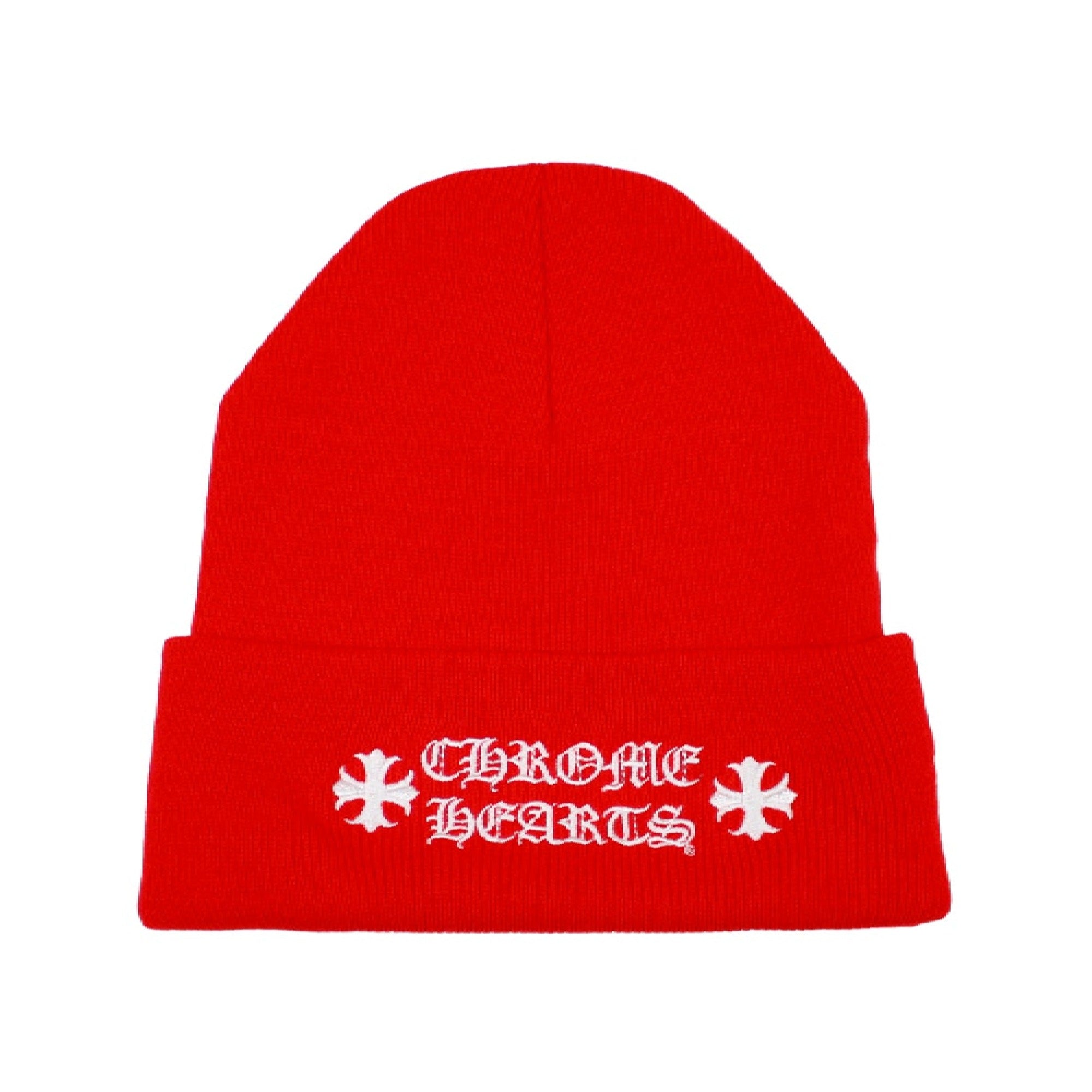 authentic chrome hearts logo beanie red - premium designer jewelry front view
