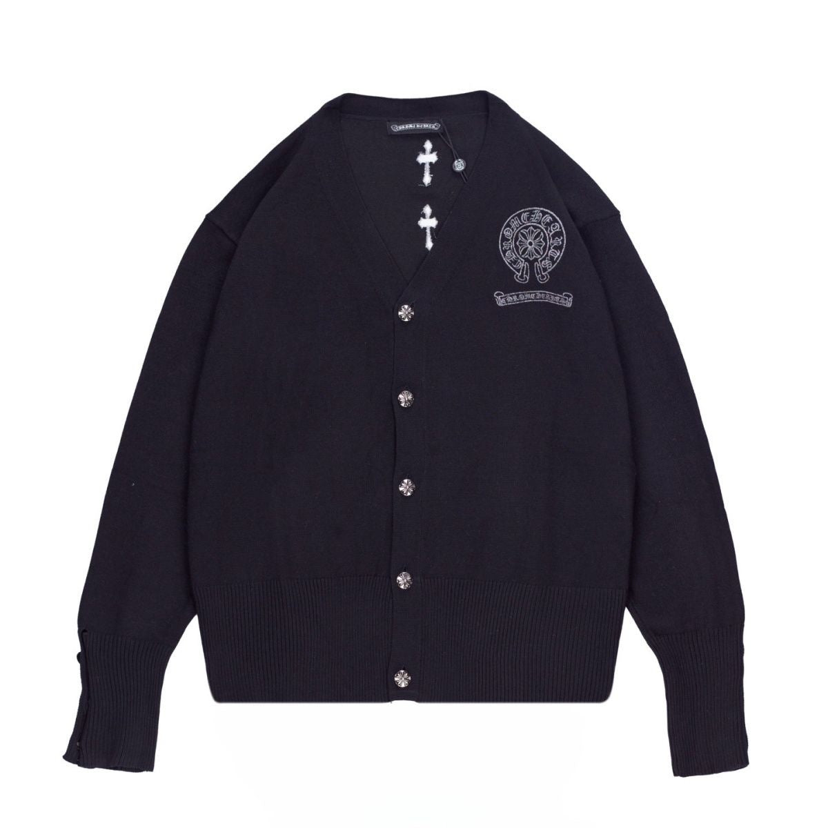 authentic chrome hearts multiple cross logo cardigan black - premium designer jewelry front view