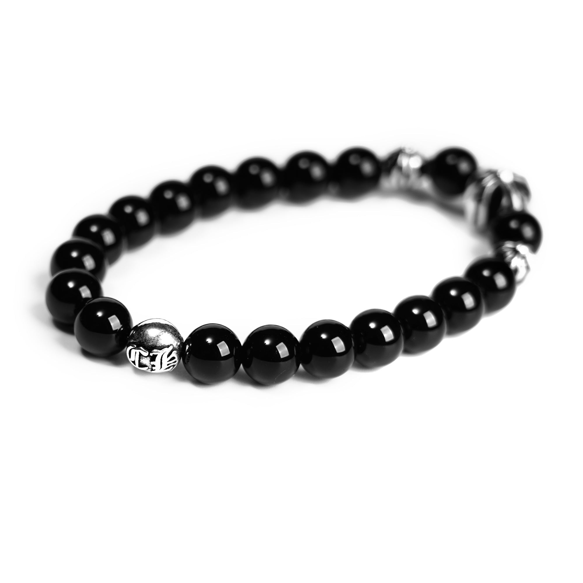 authentic chrome hearts onyx bead bracelet 8mm (4 silver beads - premium designer jewelry front view