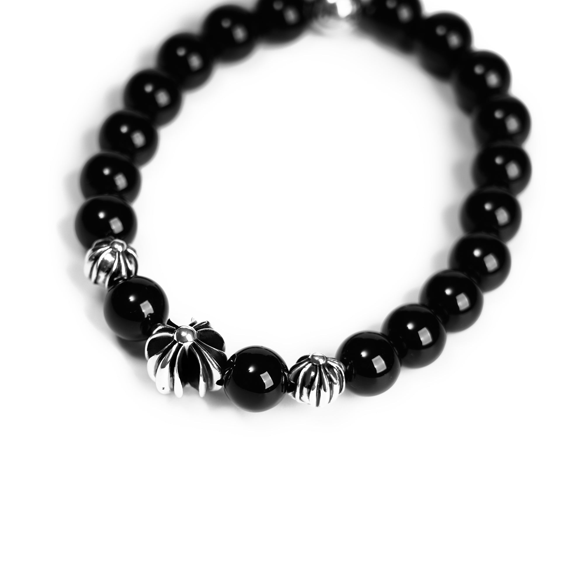 authentic chrome hearts onyx bead bracelet 8mm (4 silver beads - premium designer jewelry front view