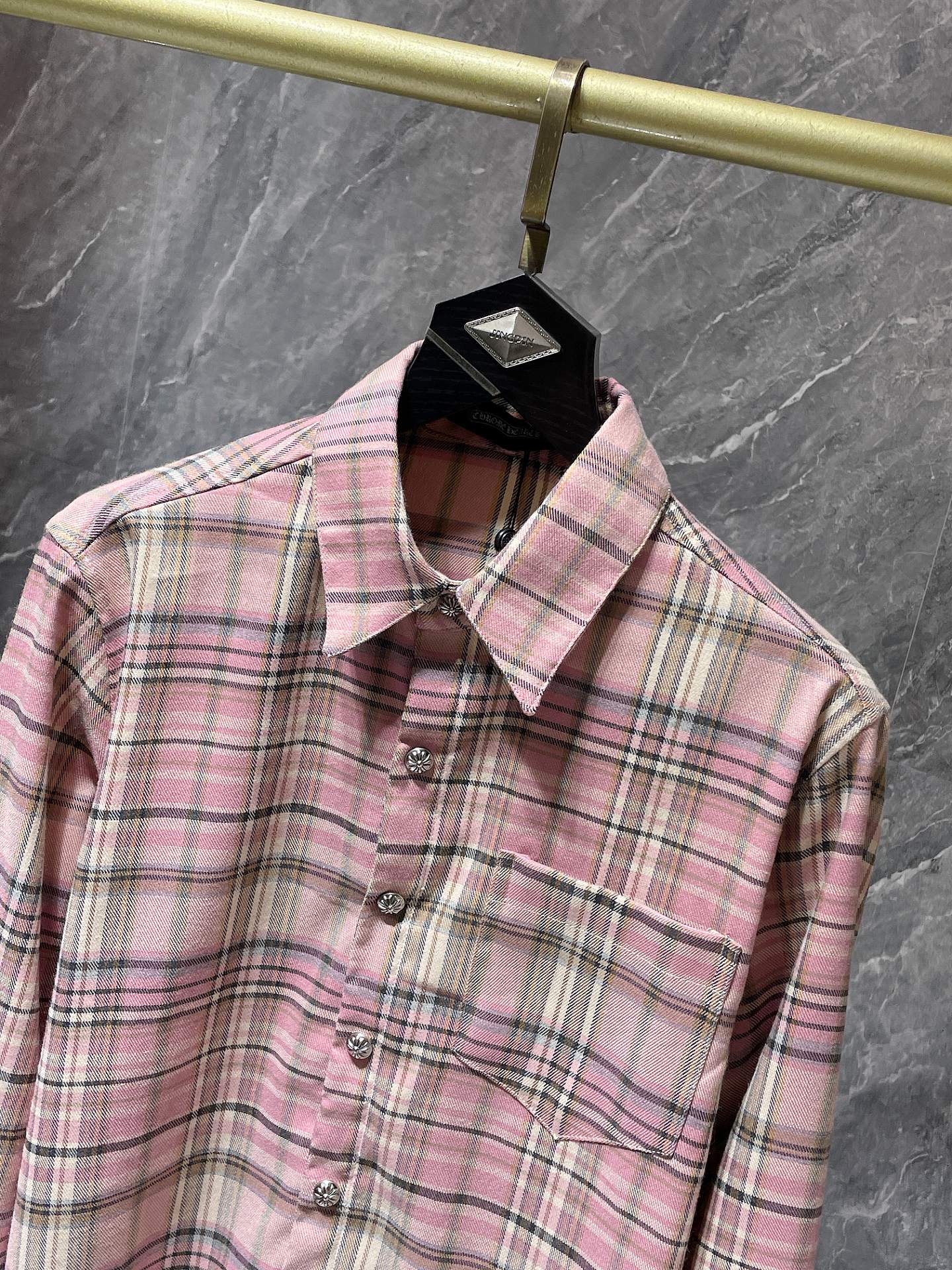 authentic chrome hearts pink plaid casual t shirt - premium designer jewelry front view