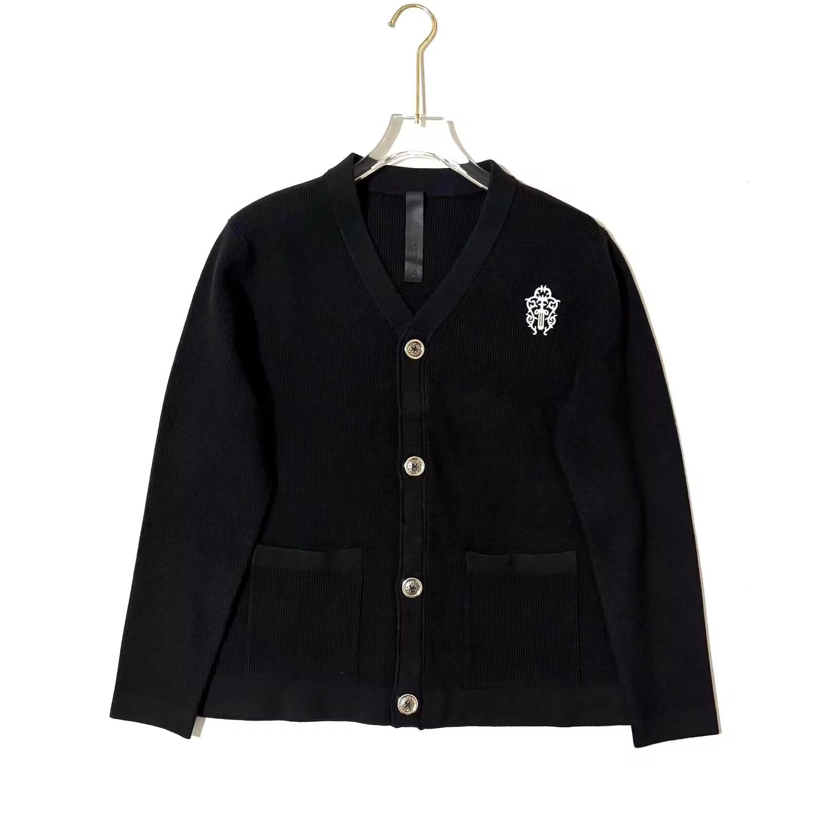authentic chrome hearts pocket cardigan black - premium designer jewelry front view
