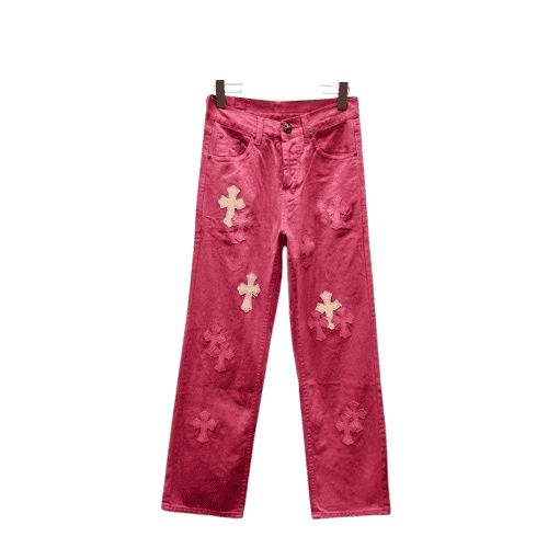 authentic chrome hearts red denim jeans - premium designer jewelry front view