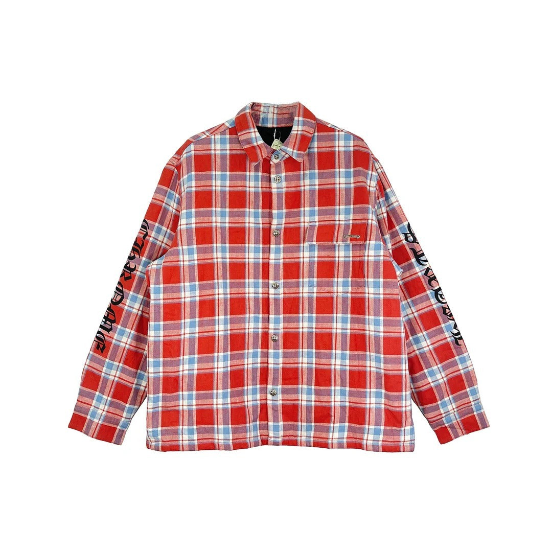 authentic chrome hearts red light blue plaid flannel with black sleeve logo - premium designer jewelry front view