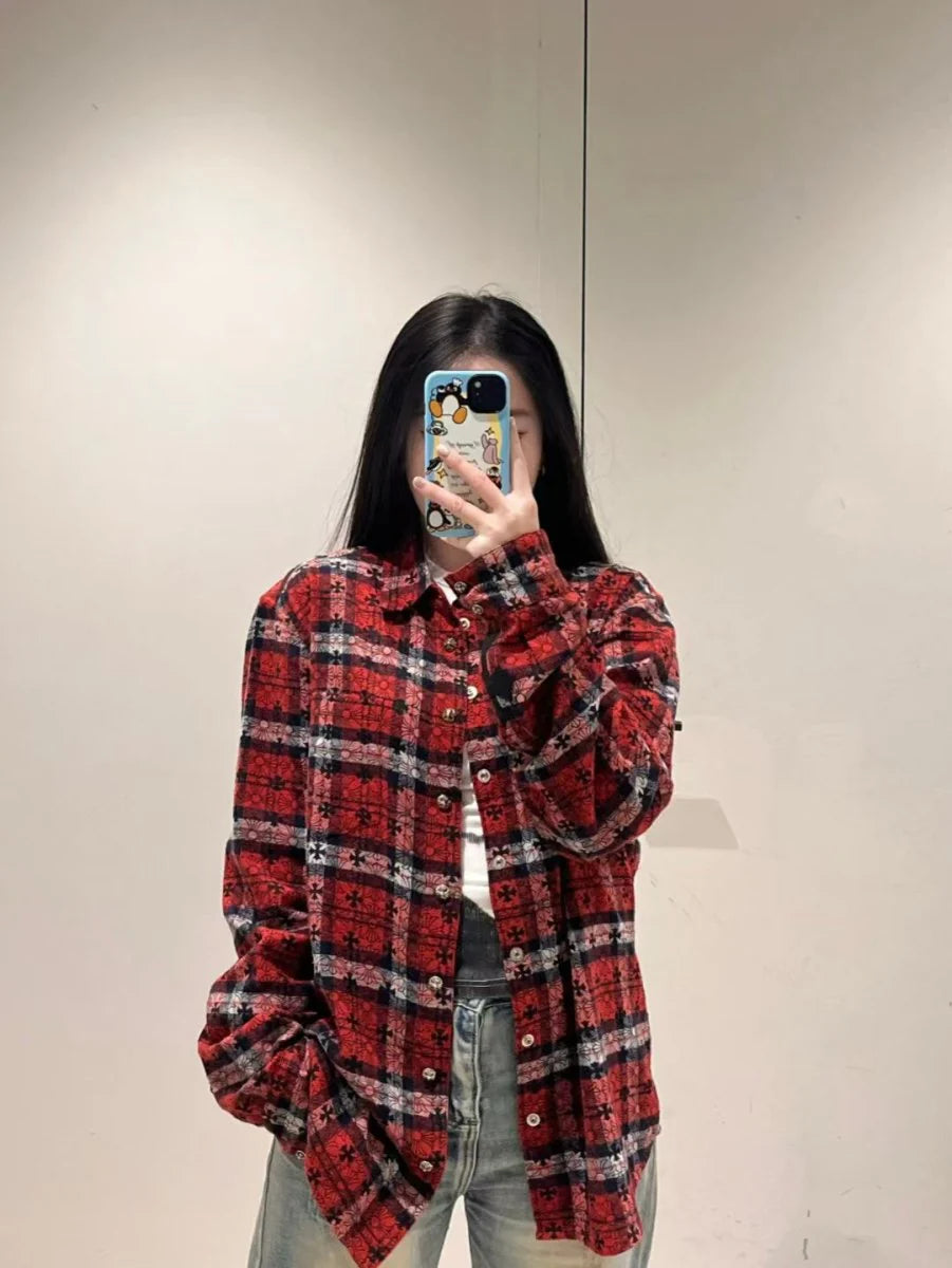 authentic chrome hearts red plaid flannel shirt - premium designer jewelry front view