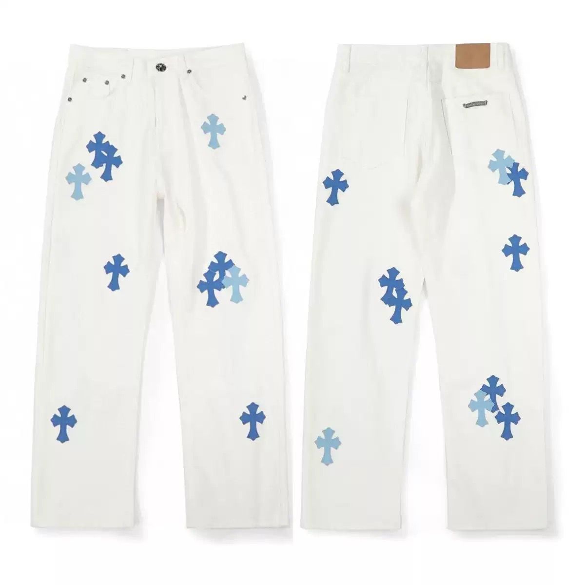 authentic chrome hearts st barth baby blue cross patch white jeans - premium designer jewelry front view