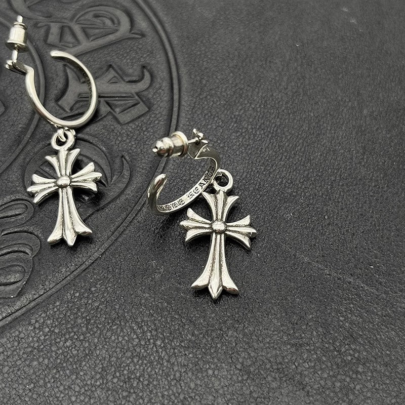authentic chrome hearts tiny ch cross hoop drop earrings - premium designer jewelry front view