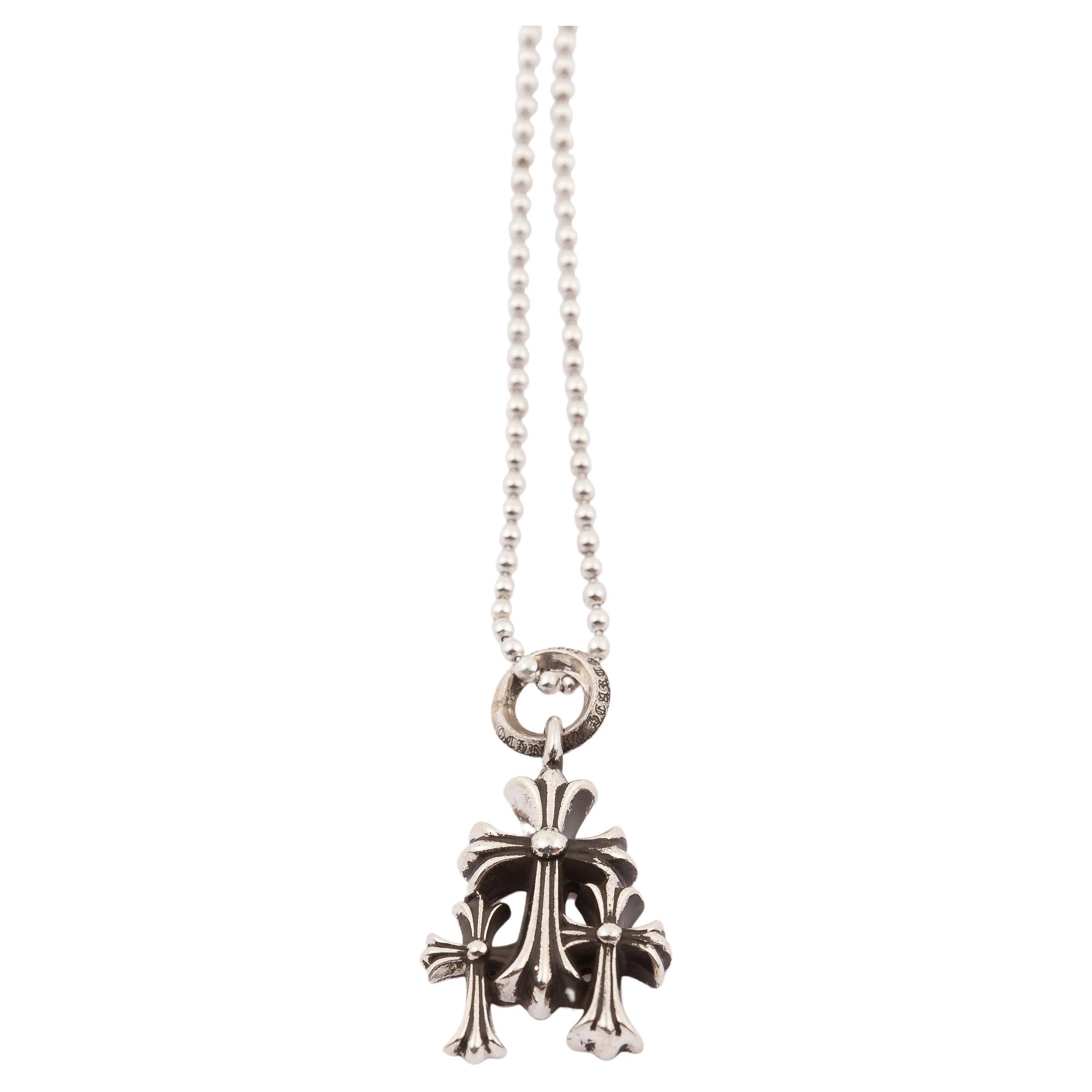 authentic chrome hearts triple cross pendant necklace with ball chain - premium designer jewelry front view