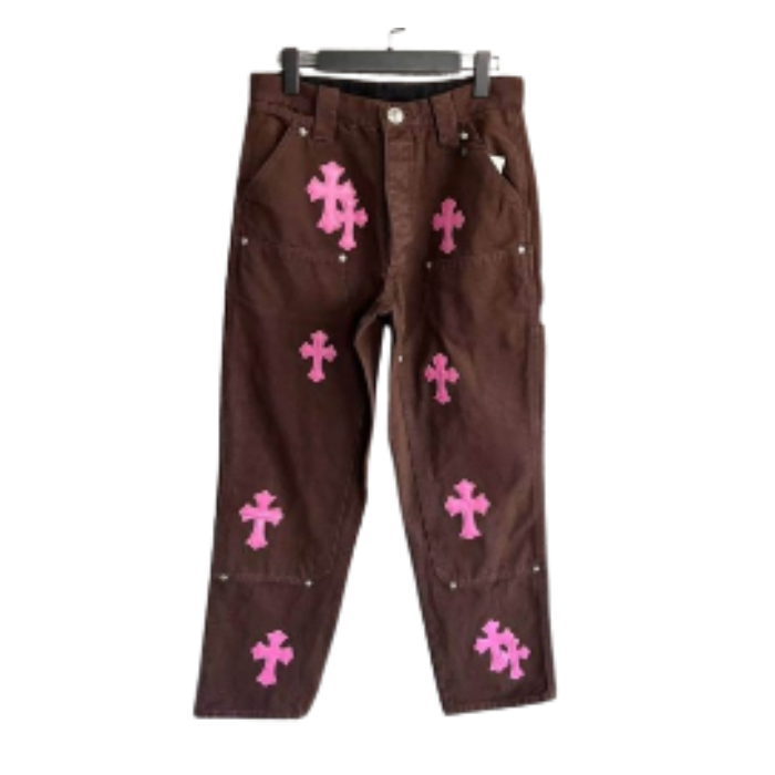 authentic chrome style brown carpenter hearts pants - premium designer jewelry front view