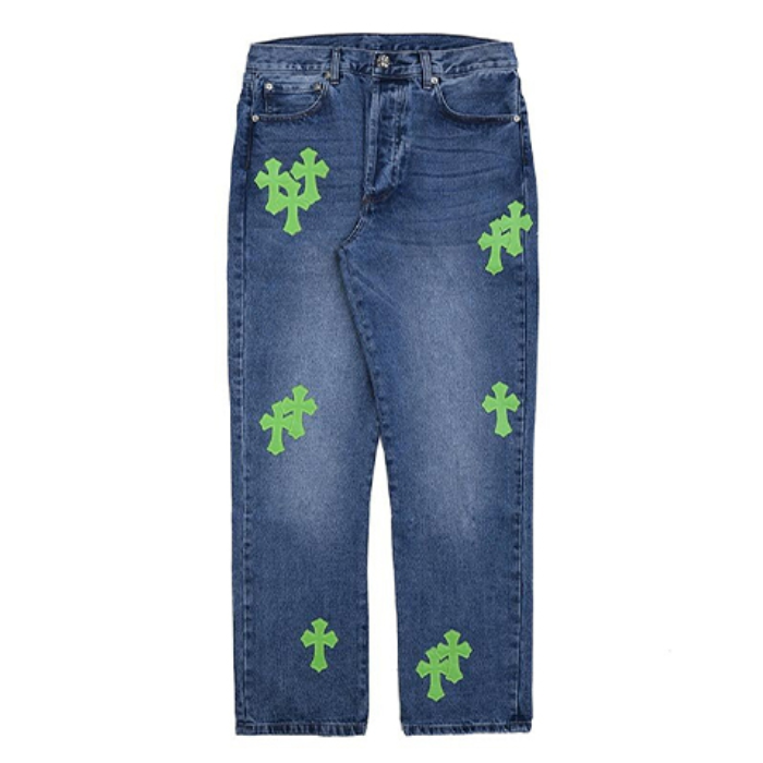 authentic firmranch applique cross chrome hearts pants - premium designer jewelry front view