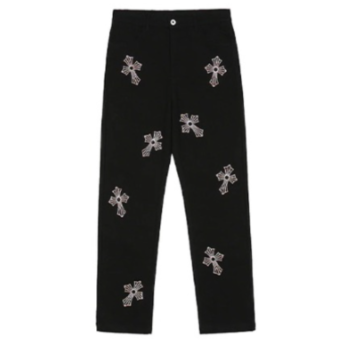 authentic rhinestone cross chrome hearts pants - premium designer jewelry front view