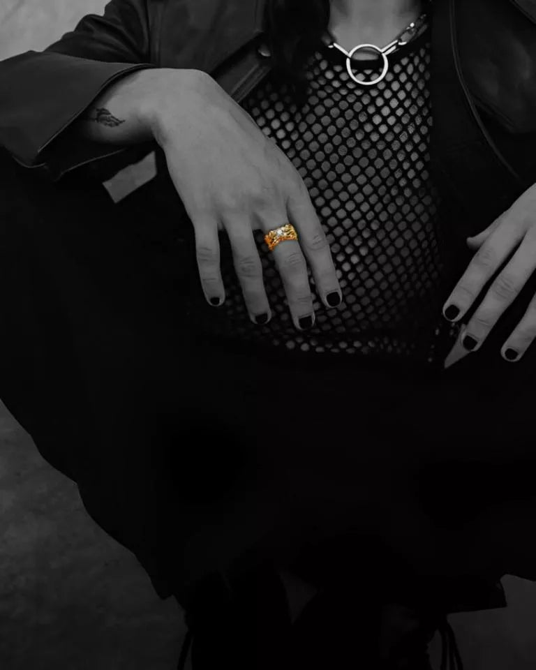 authentic double floral ring with 5 stones - premium designer jewelry front view