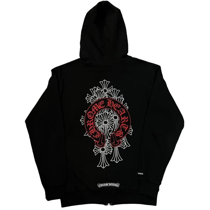 authentic black chrome hoodie with red cross - premium designer jewelry front view