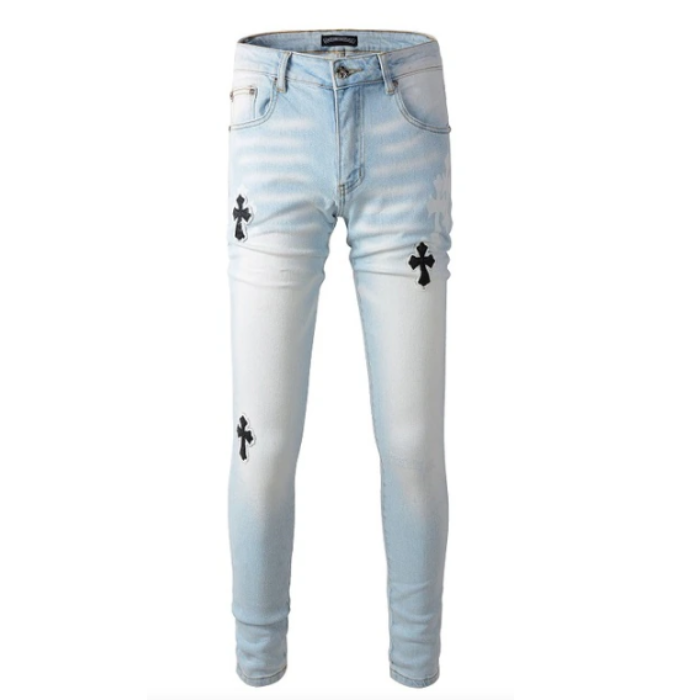 authentic chrome heart cross patches skinny jeans - premium designer jewelry front view