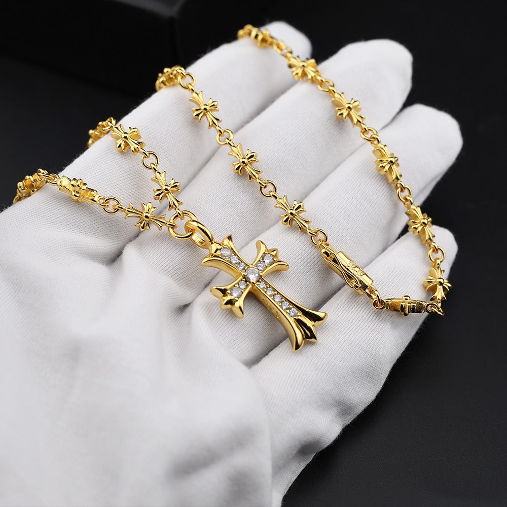 authentic chrome hearts 22k gold diamond cross pendant necklace - premium designer jewelry front view