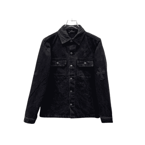 authentic chrome hearts all black denim jacket - premium designer jewelry front view