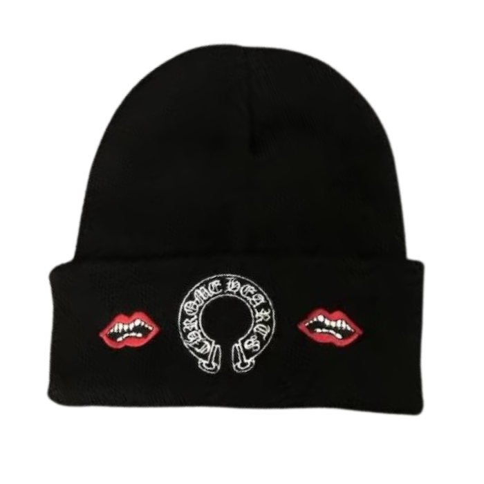 authentic chrome hearts beanie red lip – black - premium designer jewelry front view