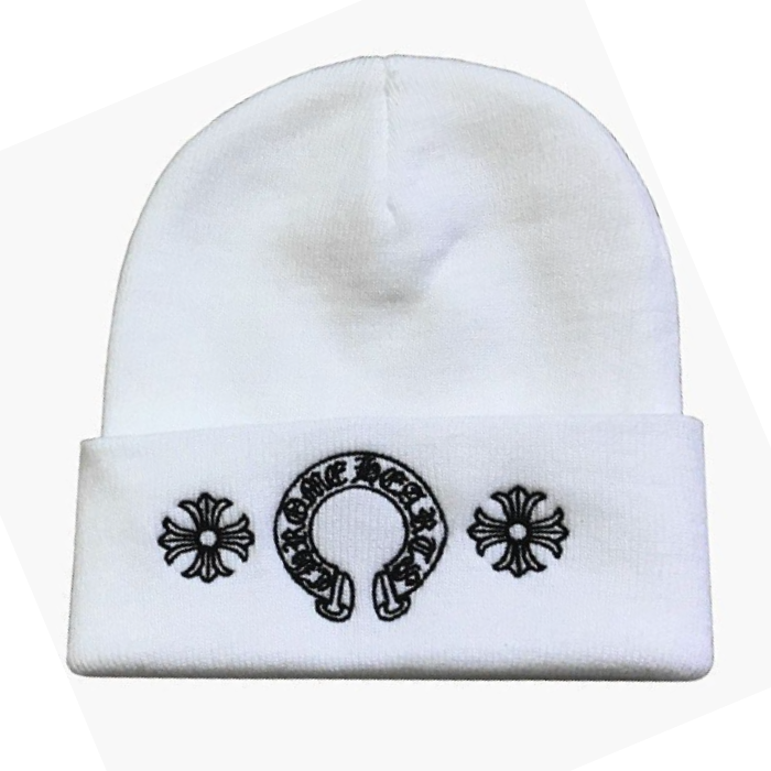 authentic chrome hearts beanie three flowers – white - premium designer jewelry front view