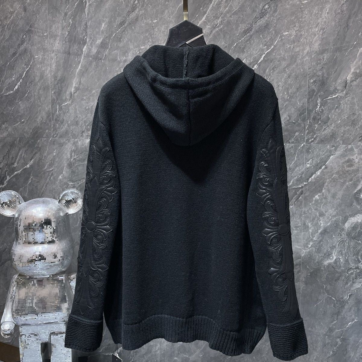 authentic chrome hearts black wool leather patches hoodie - premium designer jewelry front view