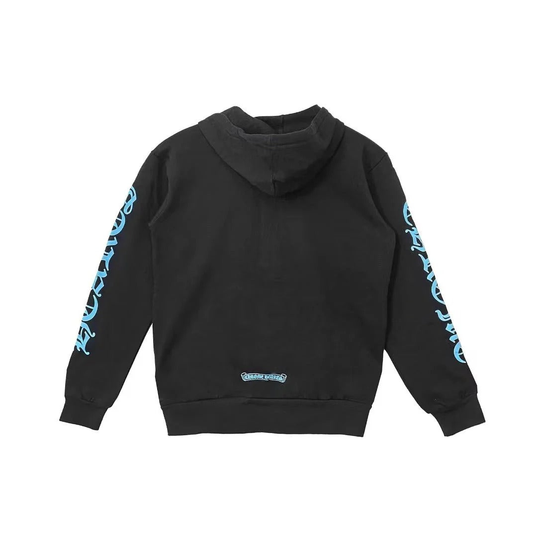 authentic chrome hearts blue script zip up hoodie - premium designer jewelry front view