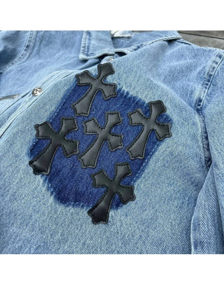 authentic chrome hearts casual denim t shirt - premium designer jewelry front view