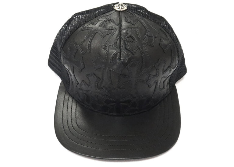 authentic chrome hearts cemetary cross leather stitched trucker hat – black - premium designer jewelry front view